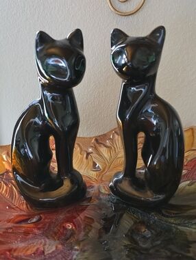 Vintage TAIWAN Black China Cats No Chips Beautiful Set Of 2 Mid-Century
